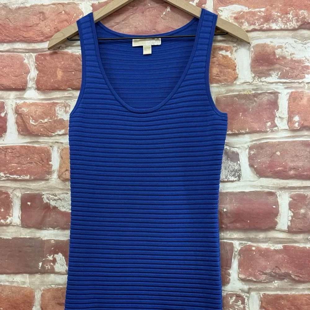 Michael Kors Sweater Dress Women's M Blue Ribbed Pleated Stretchy Casual Career